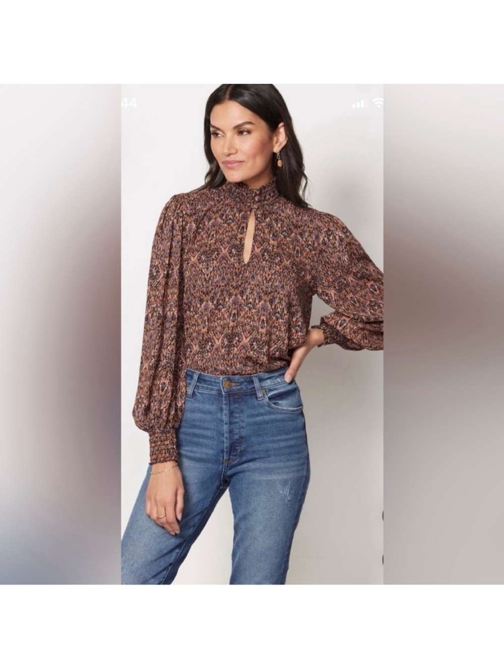 Evereve Hollis smocked high neck abstract print blouse size XL